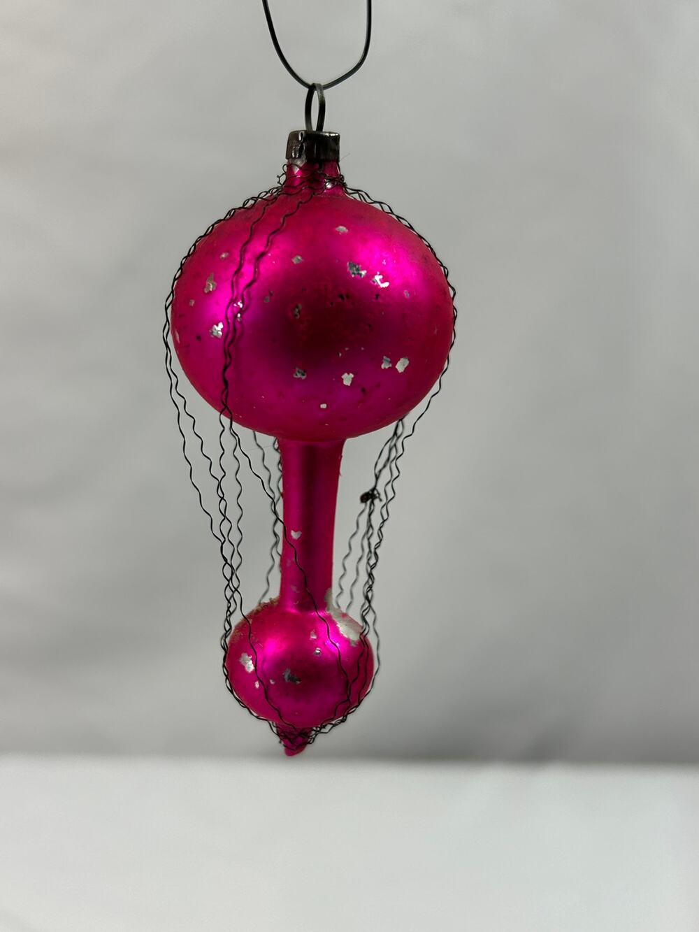 Antique German Pink Mercury Glass Hot Air Balloon Wire Wrapped Ornament 3.5"